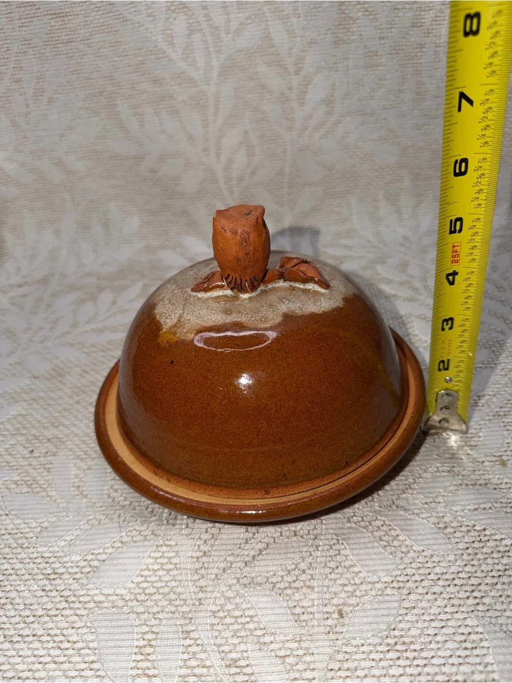 Handmade Ceramic Butter Dish with Owl Lid - Burnt Orange